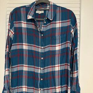 Treasure & Bond Teal Blue Plaid "Boyfriend" Flannel Shirt - Size S